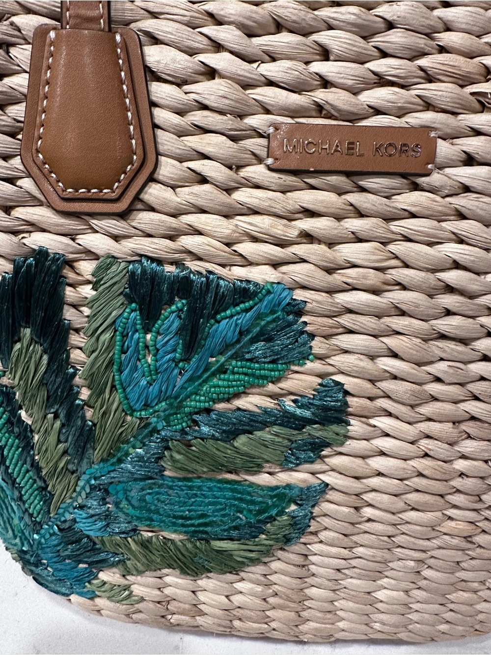 Michael Kors Straw Tote with Teal & Green Leaf Embroidery - Picture 4 of 7